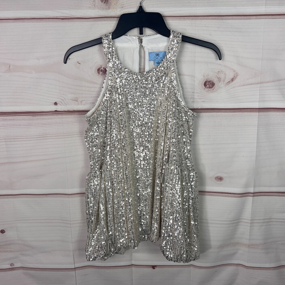 CeCe‎ Top Womens XS Beige Sequin Blouse Cold Shoulder Round Neck Balloon Sleeve